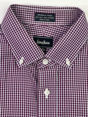 Neiman Marcus Wrinkle Free Burgundy Gingham Check Dress Shirt 16 32/33